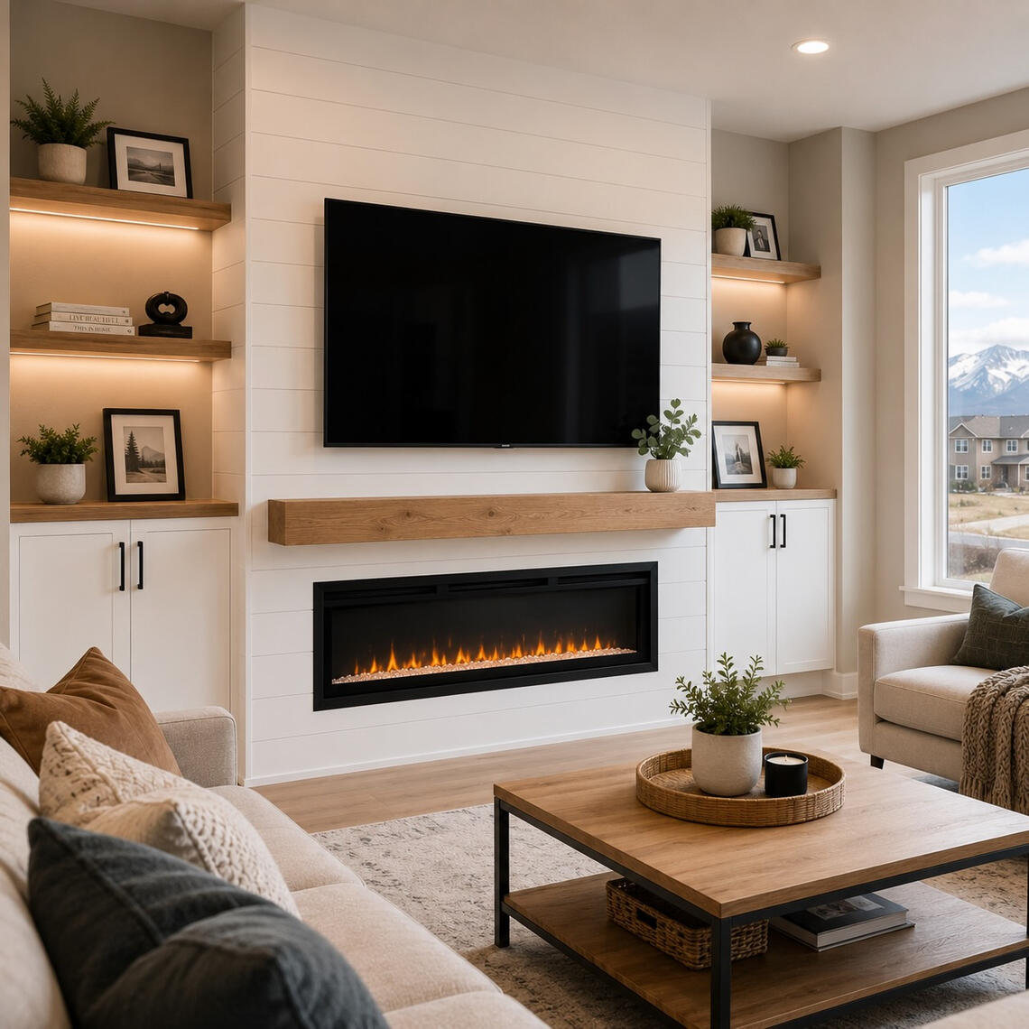 Custom Fireplace TV Media Wall in Charlotte NC White shiplap fireplace media wall with mounted TV and floating wood mantel Charlotte NC