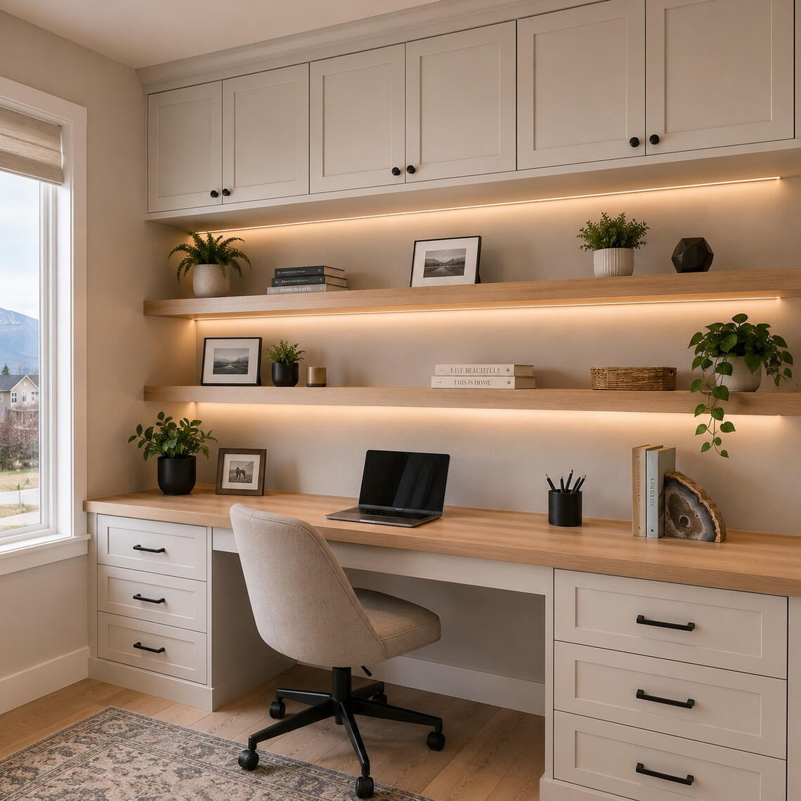 Custom Built-In Cabinetry and Shelving in Charlotte NC Modern home office with custom built in cabinets floating shelves and LED lighting Charlotte NC