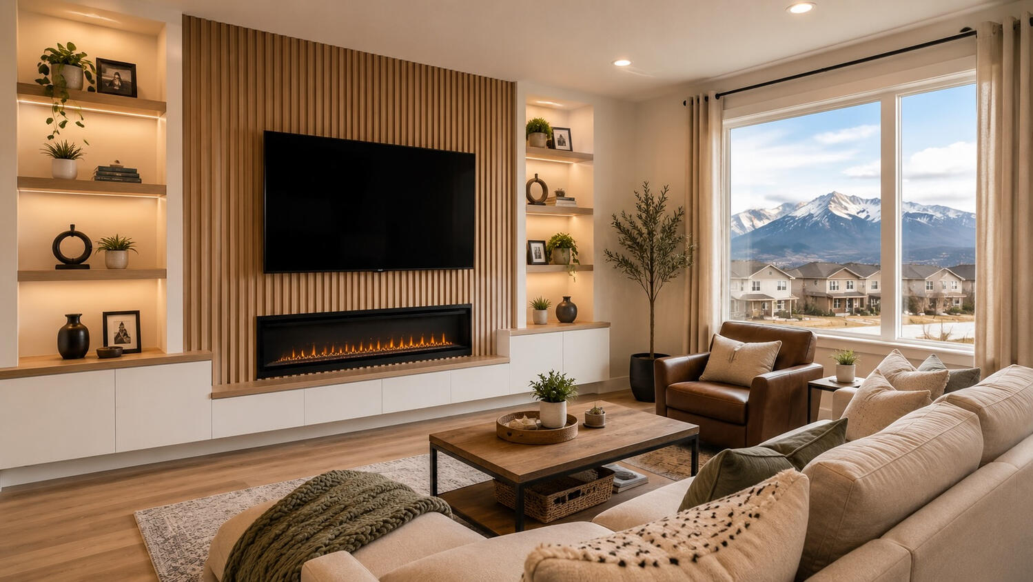 Modern TV Media Wall Design in Charlotte NC Modern living room with custom TV media wall fireplace and mountain views in Charlotte NC